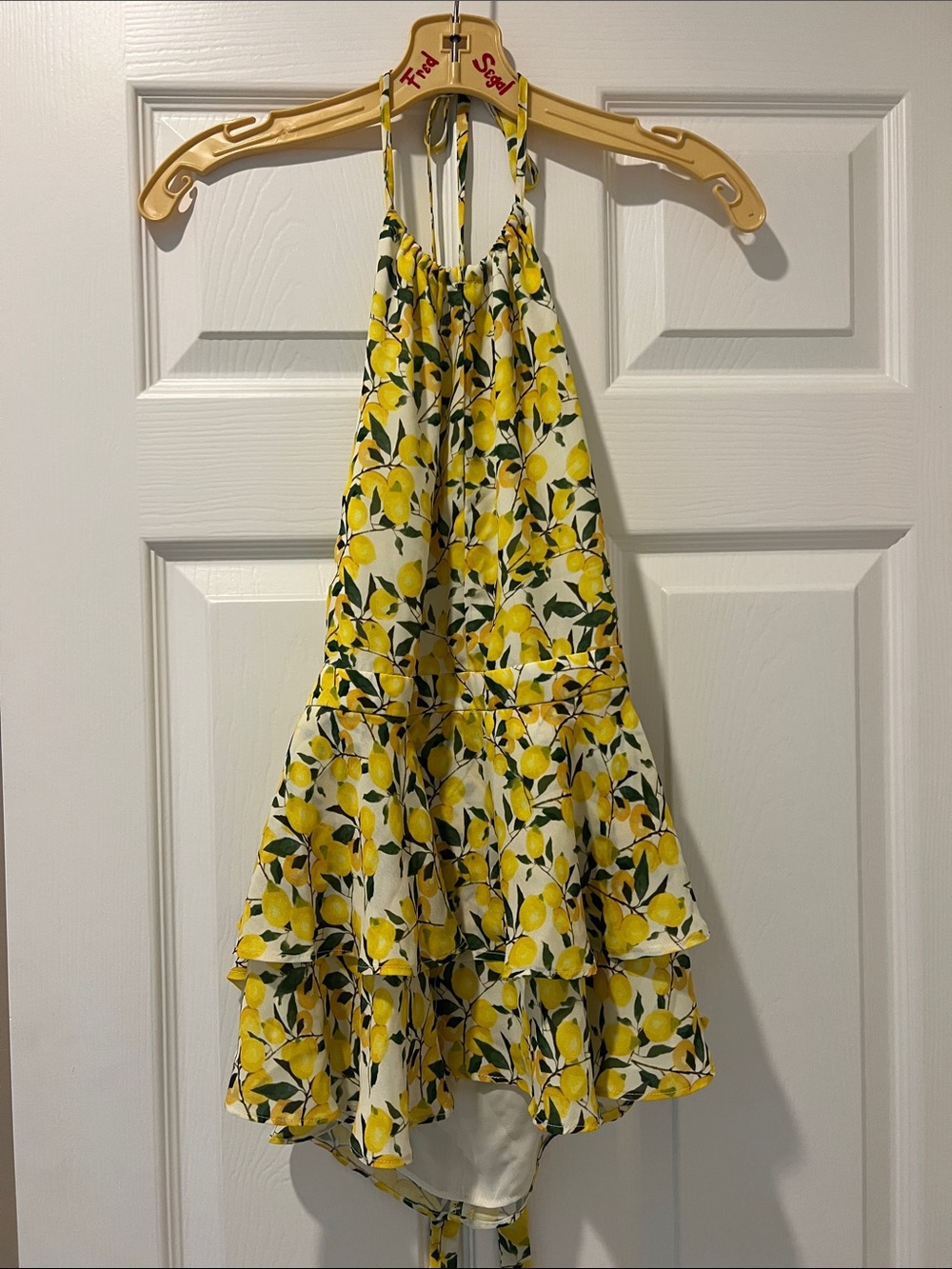 Parker Yellow and Green Lemon-Print Halter Keyhole Peplum Top